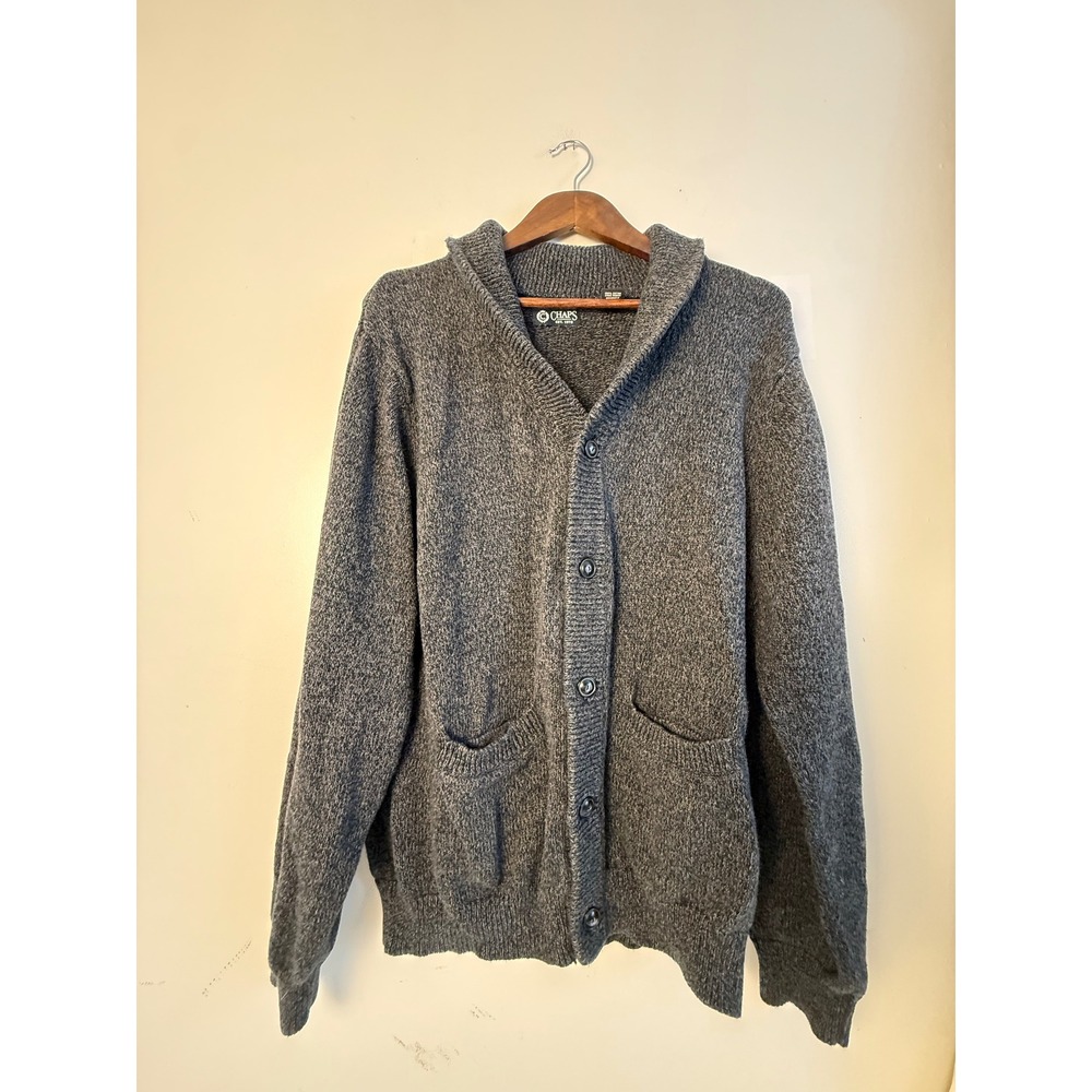 Chaps Mens XL Shawl Collar Cardigan Sweater Gray Marl 100% Cotton Button Front
